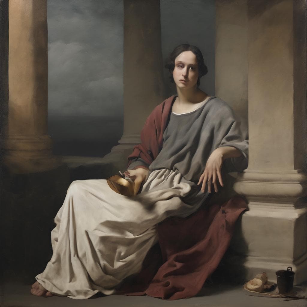 - Καθισμένη γυναίκα με αρχαία αρχιτεκτονική σύνθεση και γκρίζα ενδυμασία.